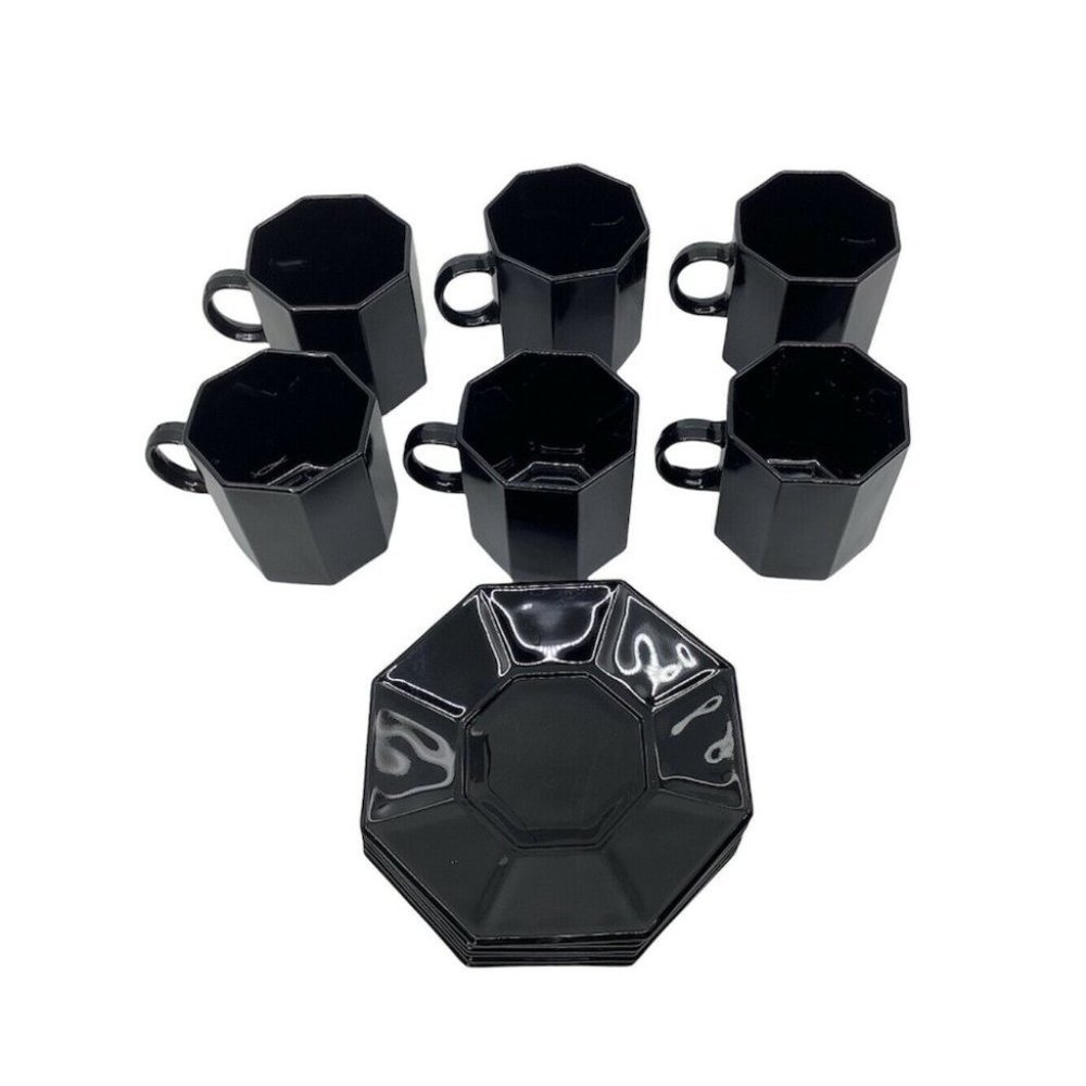 Arcoroc Octime Black Glass Octagon Coffee Mugs Cups & Saucers France Set of 6
